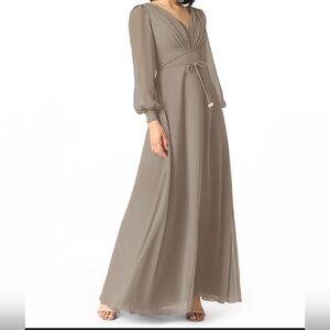 Azazie Sage Womens Bridesmaid Chiffon A-Line Dress A16 Maxi Long Sleeve Gray.E54